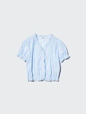 🍋 NEW Uniqlo Cotton Dobby V-Neck Blouse - Light Blue
